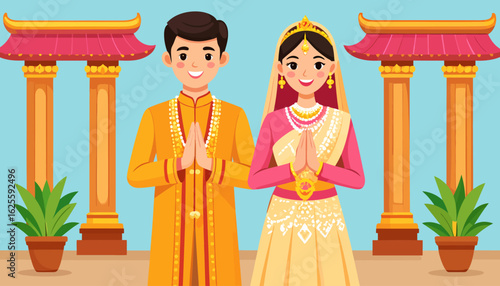 Indian Wedding Couple Illustration with Traditional Attire