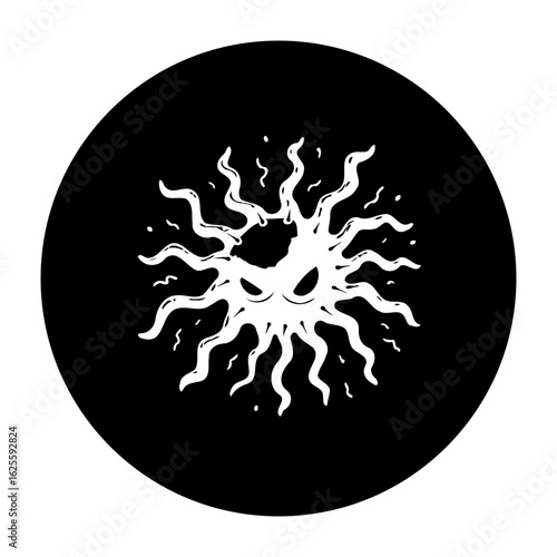 Mystical sun symbol with wavy rays radiating energy against a dark background representing celestial power and spiritual enlightenment