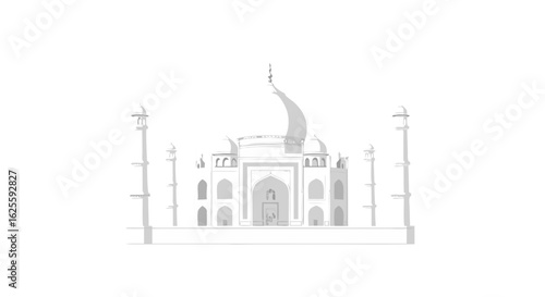 Minimalist depiction of Taj Mahal in monochromatic tones, evoking architectural beauty and cultural heritage