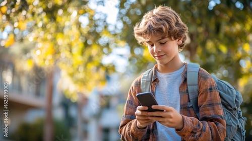 Teenage boy with backpack uses smartphone outdoors, autumn setting.