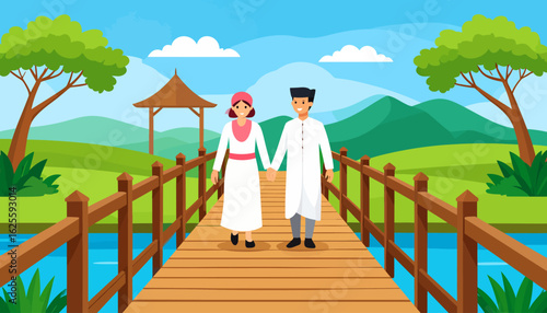 Romantic Walk on the Bridge: Couple in Traditional Attire
