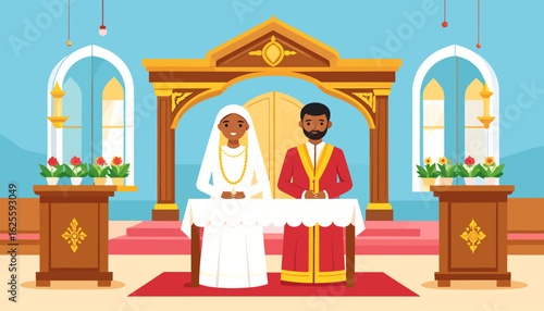 Illustrated Wedding Ceremony: Bride and Groom at the Altar