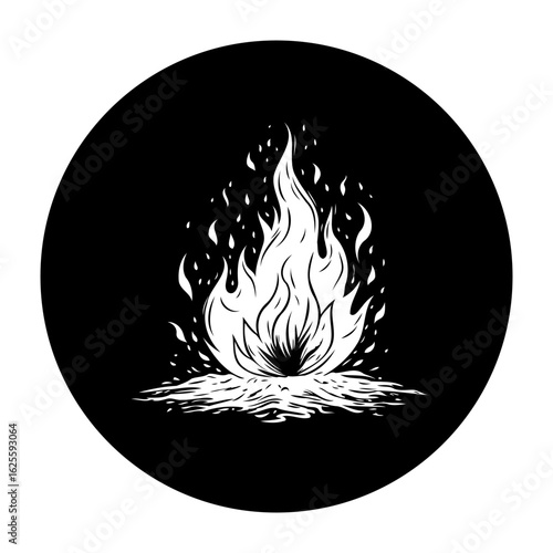 Captivating monochrome illustration of a stylized bonfire emanating warmth and luminescence from the flames in the dark background