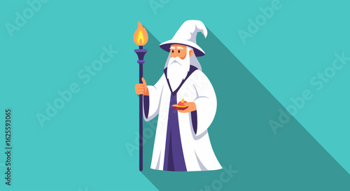 Enchanting wizard character with staff, holding a magical object, flat vector illustration with a teal background providing a delightful fantasy