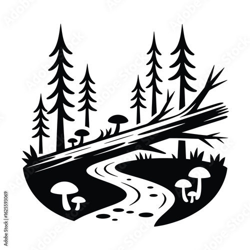 Forest stream with fallen log and mushrooms silhouette isolated on white background