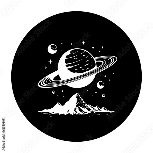 Illustrative mountain landscape, space exploration, celestial bodies graphic in black and white design for digital artwork, wallpaper