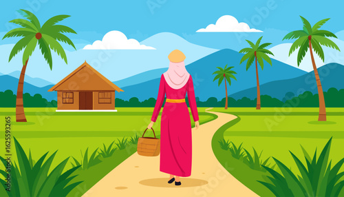 Rural Journey: Woman in Hijab Walking Through a Tropical Landscape