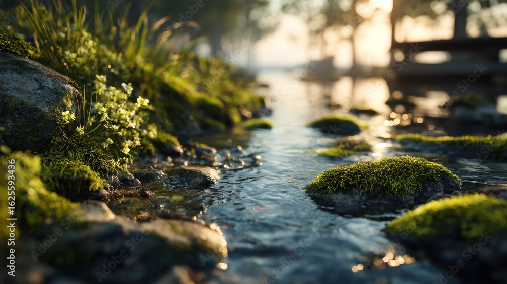 Fototapeta premium Serene waterscape featuring mossy rocks and lush greenery in a peaceful setting