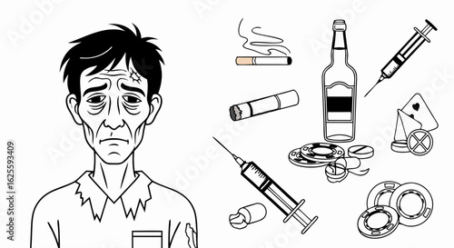 The Destructive Cycle of Addiction Depicted Through Symbolic Icons and a Troubled Character Illustration