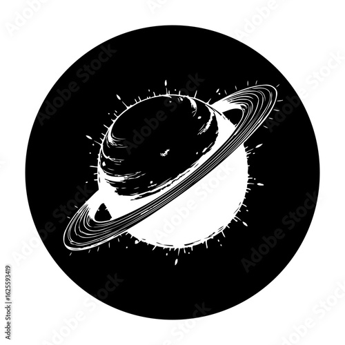 Saturn planet artistic black and white space design element showing ring with abstract painting effect isolated