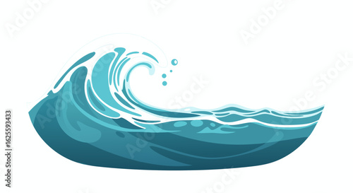 Stylized ocean swell with dynamic blue hues and froth on a white backdrop in a vivid cartoon style ideal for graphics and design