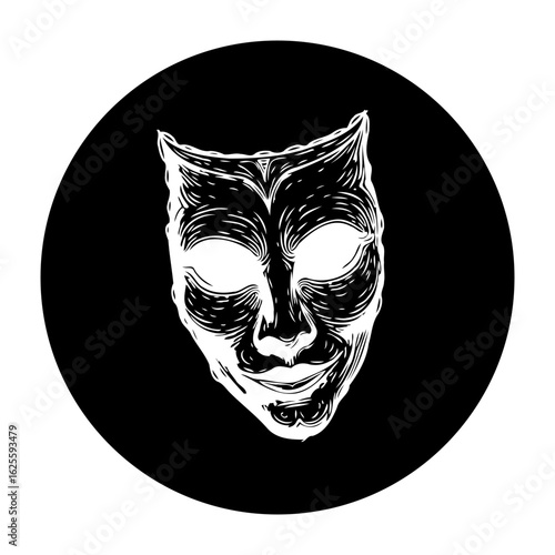 Dramatic expression: black and white sketch of theatrical mask conveying emotions and the complex inner self