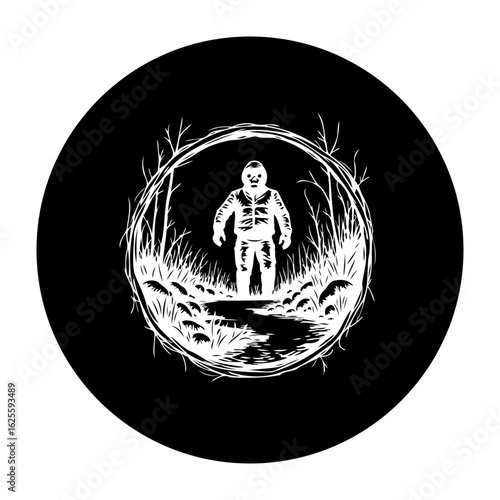 Silhouette of bigfoot in the dark forest at night under the moonlight creating scary atmosphere and spooky feelings