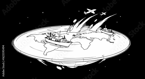 Flat Earth concept featuring a spaceship-like base, planes, ships, and meteorites in a surreal composition