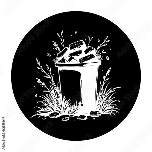 Illustration depicting overflowing trash can with foliage illustrating environmental issues and neglect impacting ecosystems illustrating pollution