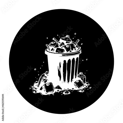 Artistic depiction of overflowing trash can with food and beverages in black and white art