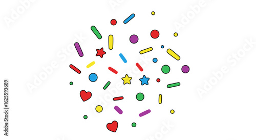 Colorful Sprinkles Composition with Hearts, Stars, Circles, and Lines on White Background creating a celebratory and cheerful feel
