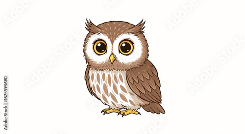 Adorable owl illustration with big expressive eyes and fluffy plumage depicted in charming detail for juvenile audiences