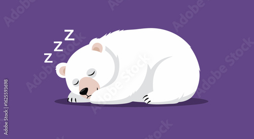 Illustration of a Cute White Bear Sleeping Peacefully with Zzz Symbols on a Purple Backdrop