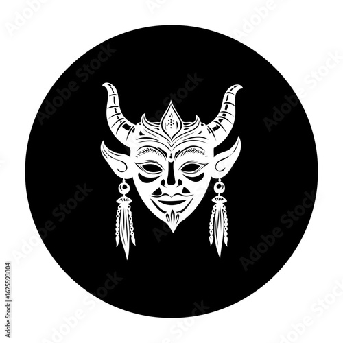 Stylized demonic mask illustration conveying darkness, mystery, and folklore with cultural symbolism, suitable for digital art, Halloween
