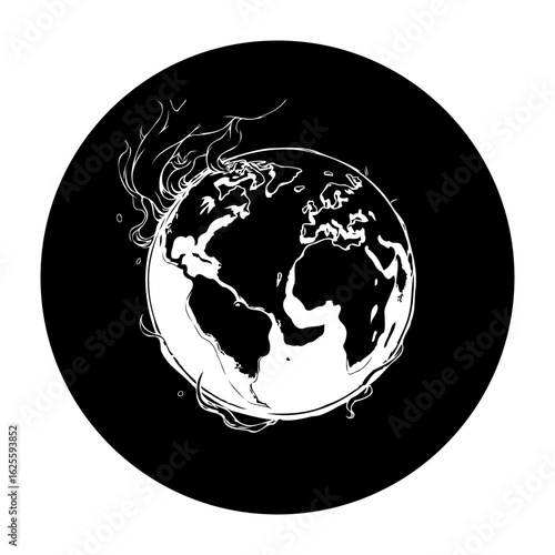 Conceptual black and white earth illustration depicting environmental issues and global impact with climate change effects