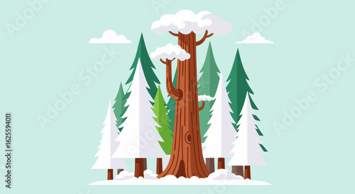 Winter landscape illustration with giant sequoia and snowy evergreen trees serene christmas vista flat design for peaceful nature scenics