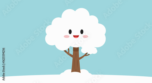 Charming winter tree illustration with a cute smiling face against a light blue background conveying joy and innocence during the snowy season