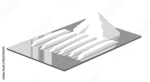 Isometric rendering showing white sandbags arrayed neatly on a grey surface suggesting preparedness and order in the visual composition