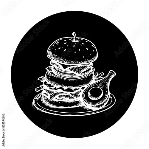 Delicious burger illustration on a black background with avocado drawing tasty food good