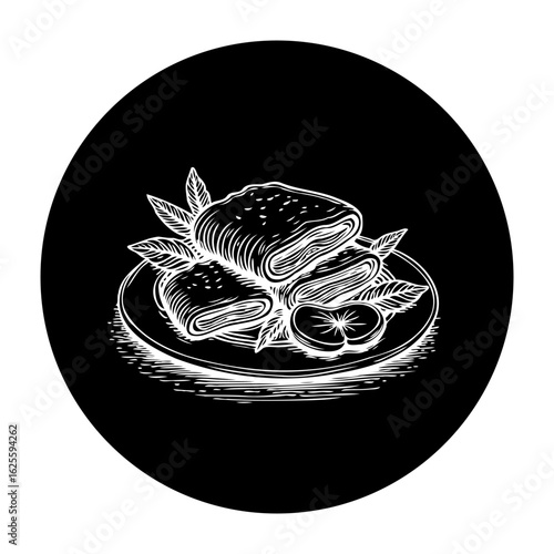 Hand drawn illustration of delicious crepes with various fillings, served on a plate, enhancing culinary appeal