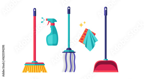 Vibrant Cleaning Tools Vector Set: Broom, Spray Bottle, Mop, Cloth, and Dustpan for Sparkling Spaces