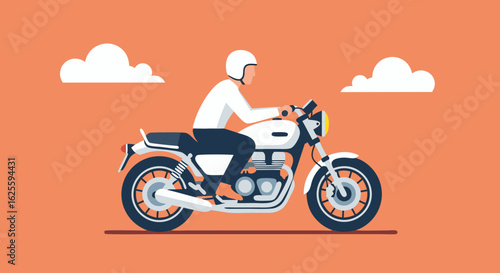 Motorcycle Adventure: Illustration of a Person Riding a Classic Bike Under a Cloudy Sky in Orange Backdrop