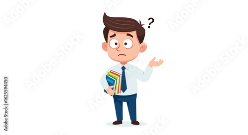 Character Confused Student with Books, Illustrating Academic Struggles and Uncertainty Depicting a Person Pondering Educational Challenges with Books