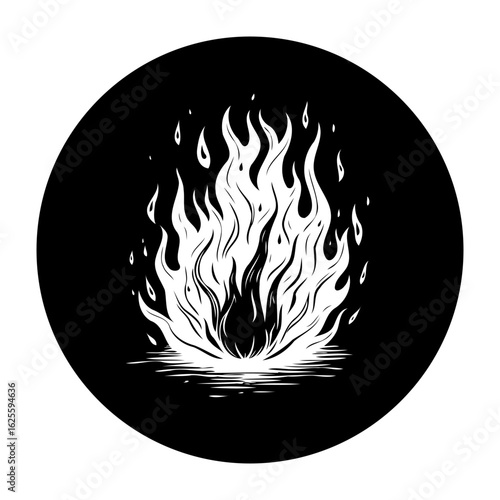 A striking monochromatic depiction of a roaring flame showcasing heat danger with intense details in black circle design