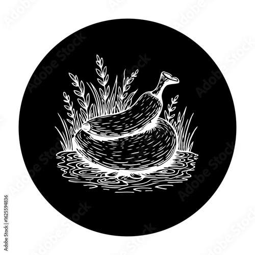 Whimsical banana duck pond sketch a monochrome illustration portraying nature and transformation of species