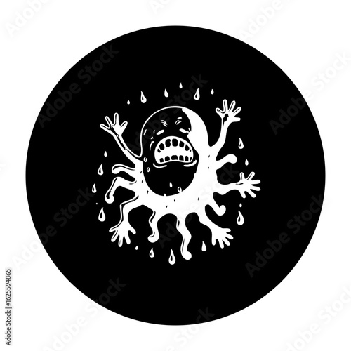 Cartoon illustration of a melting monster with multiple limbs inside a circle over dark