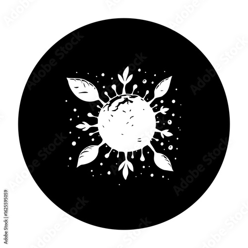 Abstract representation of earth globe featuring plants growing from continents creating a design in black color
