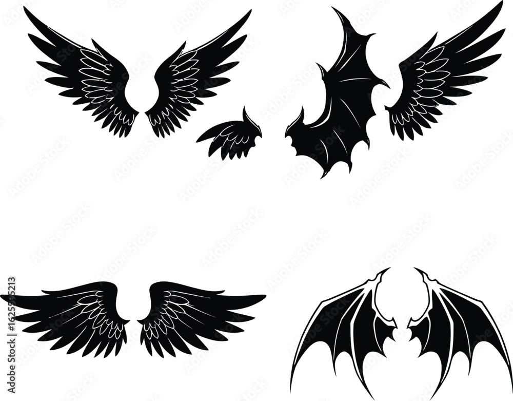 Fototapeta premium Collection of Angel and Demon Wings., Set of Various Fantasy Wings (Feathered and Leathery)., Good vs Evil: Angelic and Demonic Wings.