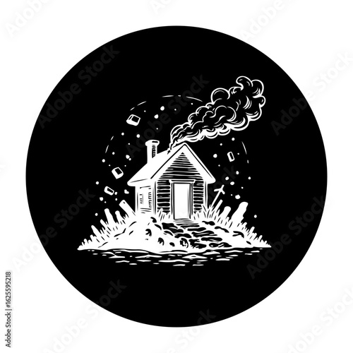 Mysterious and charming illustration of a solitary cabin with smoke emerging from chimney in winter landscape