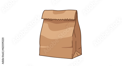 Simple brown paper lunch bag with a serrated folded closure on a white background illustration of an everyday object used for carrying meals or snacks