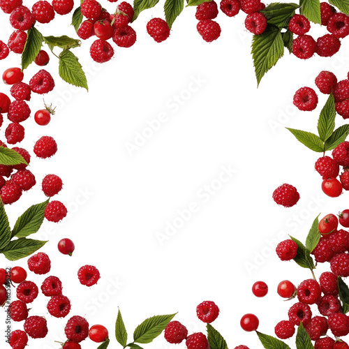 Fresh raspberries and leaves frame a black background