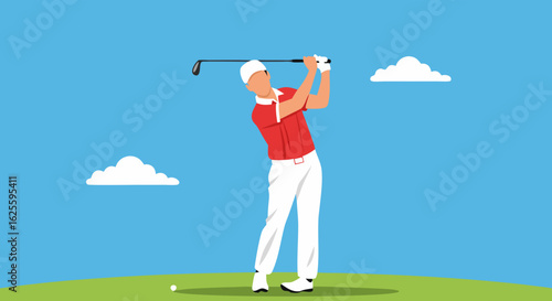 Stylized golfer tees off against a serene sky, capturing the essence of golfing with simplified graphic elements and a clear composition