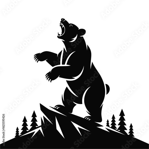 Roaring grizzly bear silhouette on rocky outcrop isolated on white background