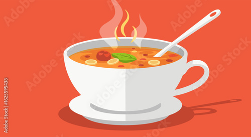 Stylized illustration of a steaming tomato soup in a cup, conveying warmth and a comforting culinary experience