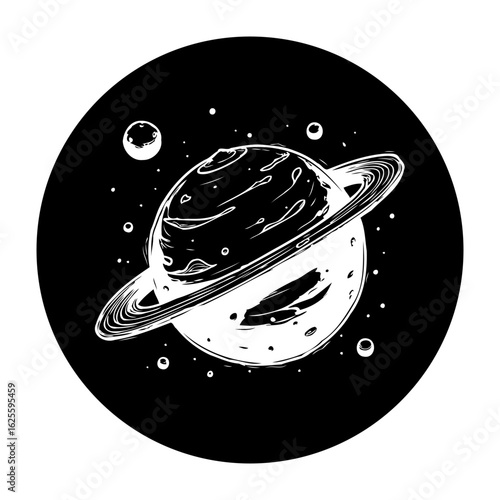 Monochrome illustration of saturn with its rings and a nearby moon surrounded by stars for design needs