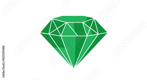 Geometric gemstone illustration with vibrant green hue on clean white background, simple design creates captivating visual interest