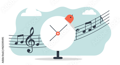 Abstract composition with alarm clock illustration and music notes arrangement concept creation