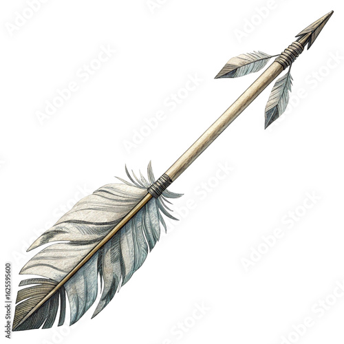 Elegant feather fletched arrow with sharp arrowhead poised for flight