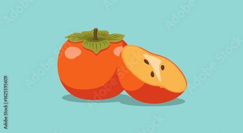Stylized Still Life Depicting Two Persimmons on an Isolated Light Blue Background  Fruit Illustration with Shadows and Highlights Showing Half of a