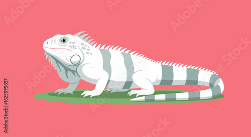 Stylized illustration of a white and gray iguana with stripes, set against a pink background, adding a whimsical and unique touch to the composition